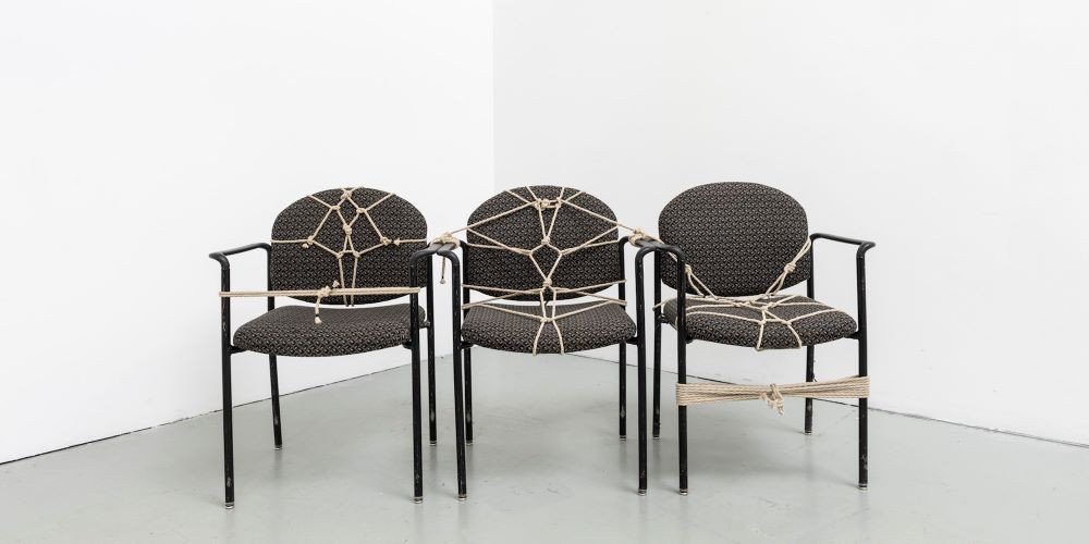 'Formative Systems' | 2019 | 16 x 32 x 71 in | hemp rope, waiting room chairs
