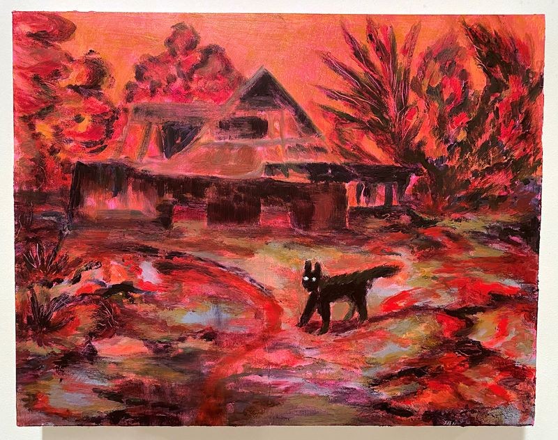 Painting of a dog in a red landscape