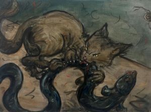 Painting of a cat biting a snake.