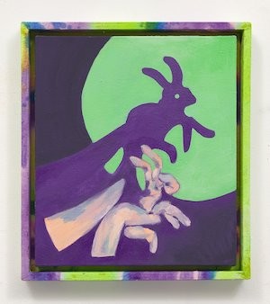 Nora Griffin '11, 'Shadow Puppets (rabbit),' (18’ x 16,’ oil on canvas in artist’s hand-dyed fabric covered wooden frame, 2024). Photo by Chris Herity, Courtesy of the artist and FIERMAN Gallery. Nora Griffin '11, 'Shadow Puppets (rabbit),' painting