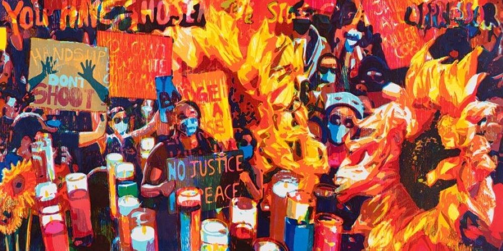 Visual art of protesters and sunflowers with a lot of warm colors being used