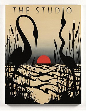 Poster of a red rising sun with the silhouette of two herons.