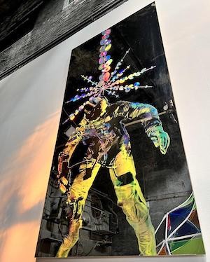 Tomas Vu-Daniel, 'The Man Who Fell to Earth,' (silkscreen on mirror, 2022) silkscreen of an astronaut, artwork by Tomas Vu-Daniel