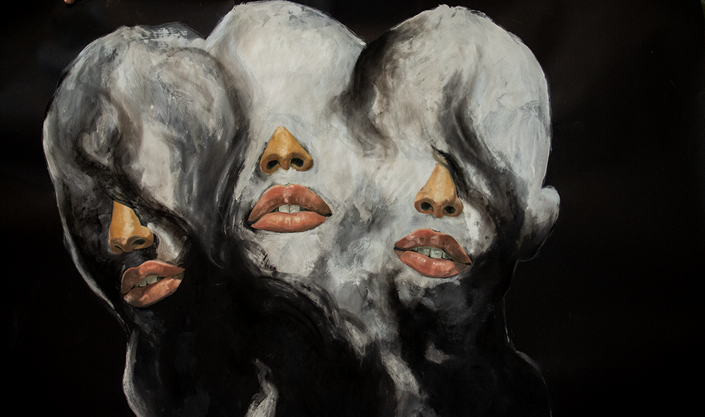 Painting of three women obscured by smoke. Only their noses and lips are visible.