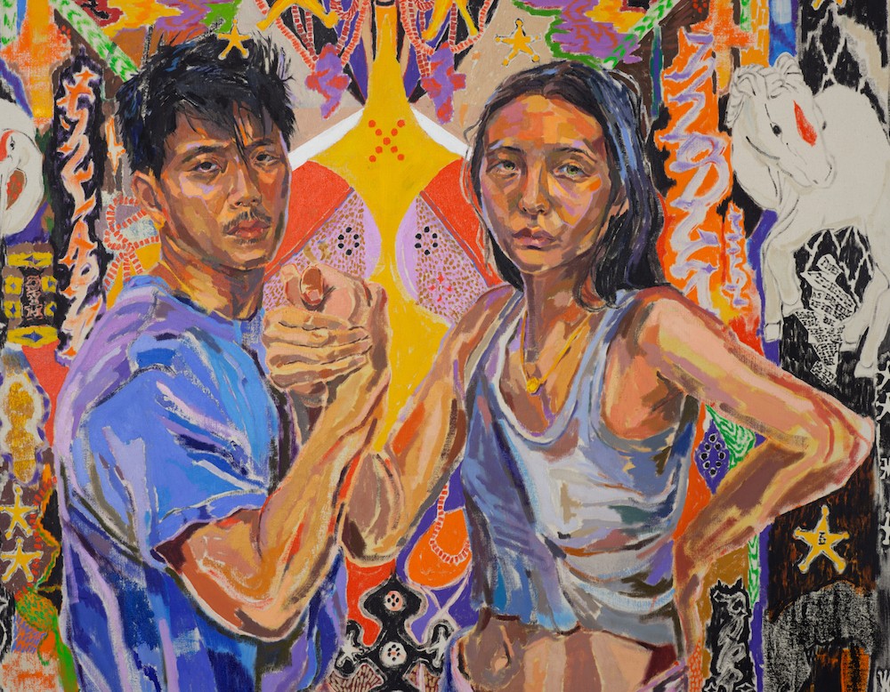 Painting of two people with opposing hands clasped
