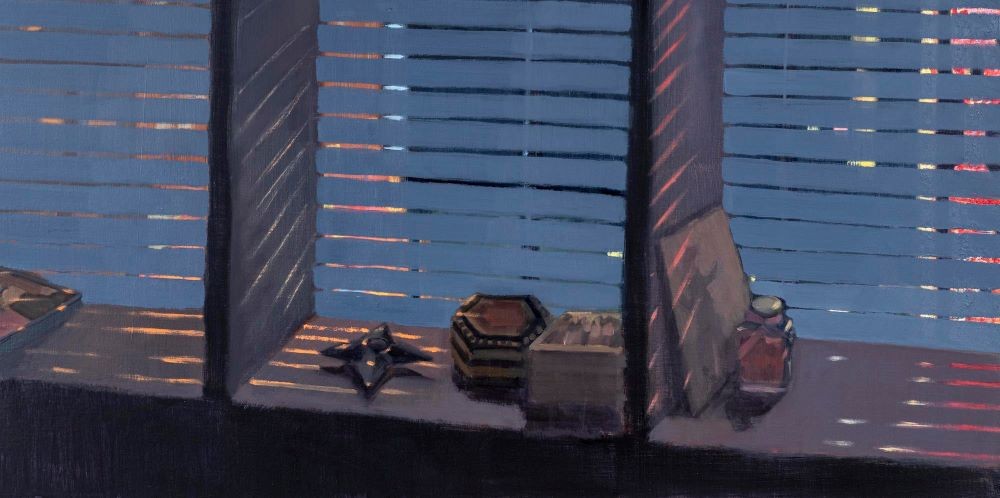 painting of objects on a windowsill with closed blinds
