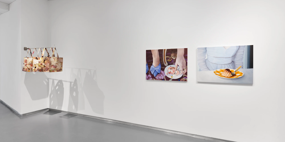 'True Alchemy' installation view. From left: Elzie Williams III, 'Hurt people, Hurt people (European Designer Bag Clearance Rack)'; Kat Lowish, 'Great Expectations.' Photo courtesy of Thierry Goldberg Gallery True Alchemy installation view. From left: Elzie Williams III, Kat Lowish.
Photo courtesy of Thierry Goldberg Gallery