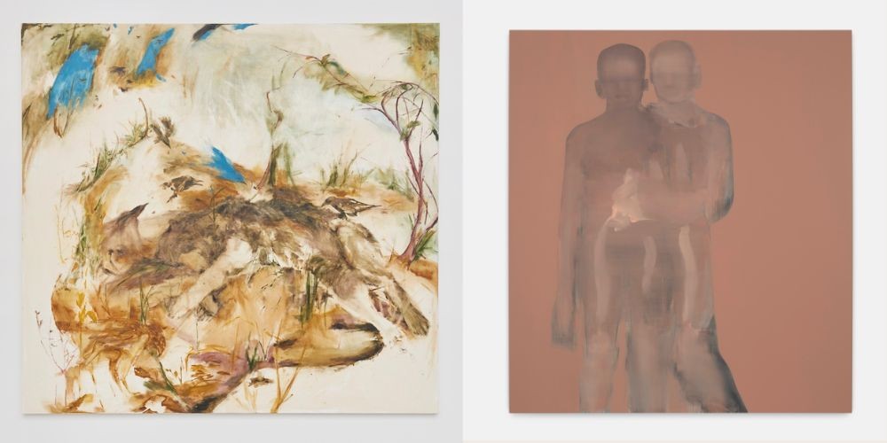 Two paintings, one abstract and one with two figures. 