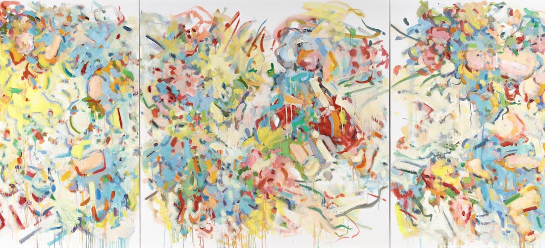 Abstract painting with gestural marks of reds, greens, and yellows. 