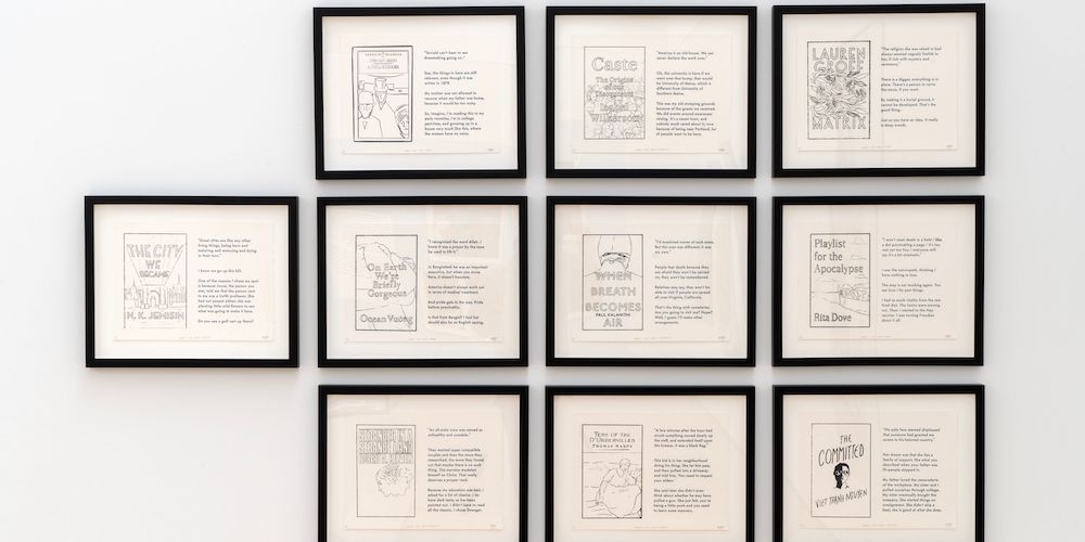  nstallation view of 'Karen's Last Books.' frames with writing inside