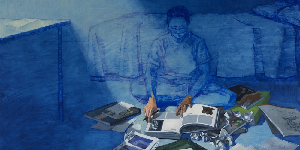 Blue painting of a figure looking through books. 