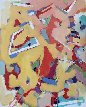 Abstract painting with gestural marks of yellow, red, and blue with taped off areas of the composition.