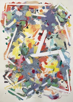 Abstract painting with gestural marks of gray blue, reds, oranges, yellow and taped off sections of the composition.