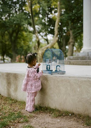 Toddler looking at birdcage in front of white columns. 