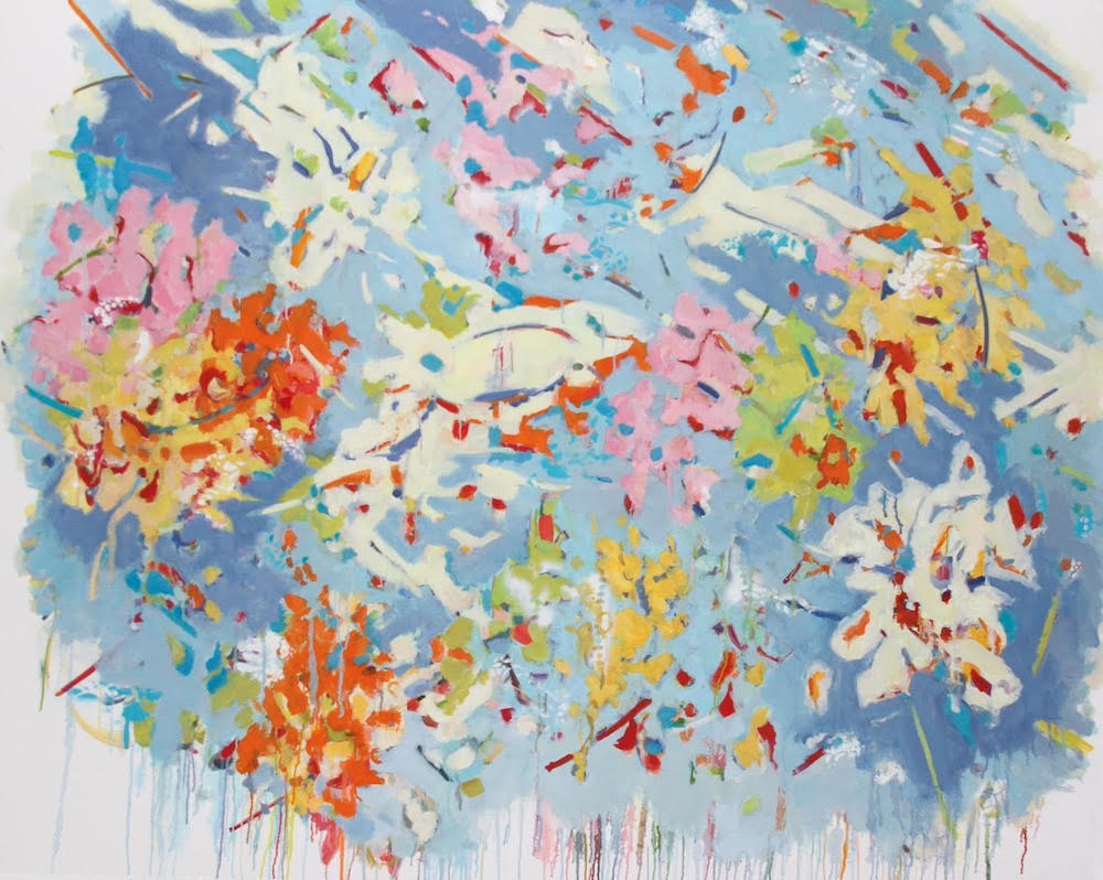 Abstract painting with gestural marks of light blues, pinks, cream, yellow and chartreuse.
