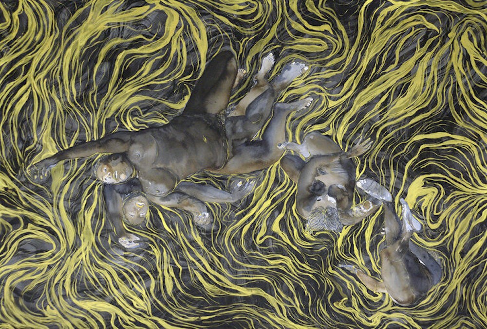 Painting of grey figures swimming in green seaweed-like grasses. 