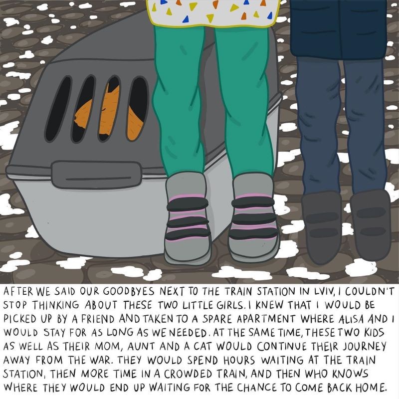 Drawing of two pairs of legs and a cat carrier with text below