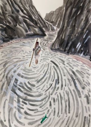 Painting of a man in a river.
