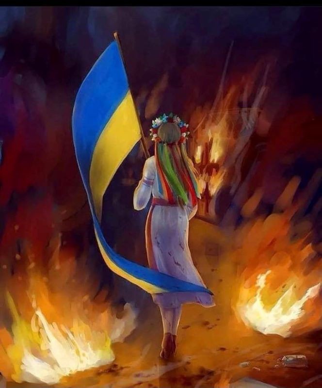 Art of figure surrounded by flames holding a flag