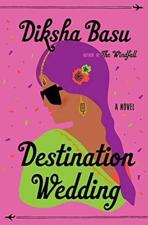 Cover of Destination Wedding, hot pink and the outline of a person with purple hair and a bright green top and sunglasses