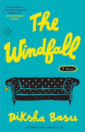 Cover of The Windfall, blue with the drawing of a couch