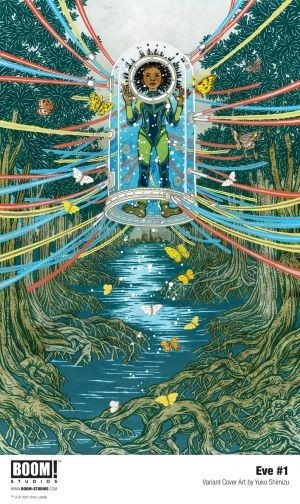 Comic character in a glass chamber with wires extending from it into a surrounding forest 