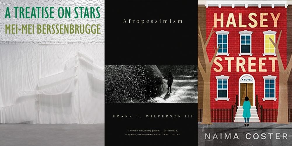Book covers. Left to right: 'A Treatise on Stars' 'Afropessimism' 'Halsey Street'