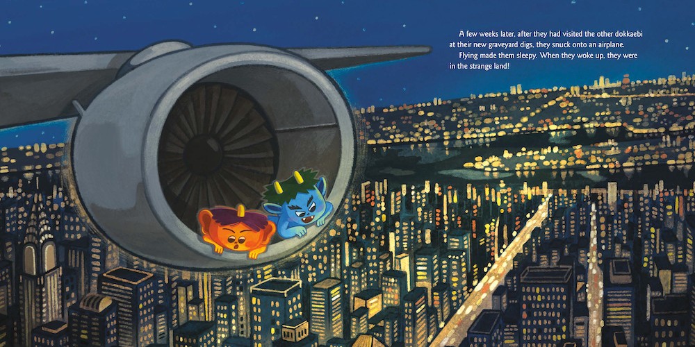 A drawing of two goblins in an airplane engine, flying over a twilit city. 