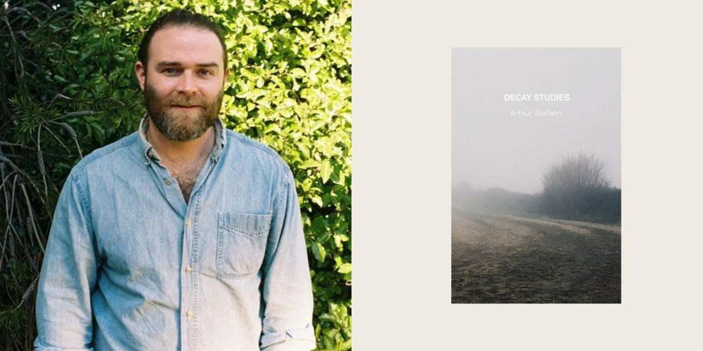 Diptych of man in front of foliage and a book cover with a misty landscape. 