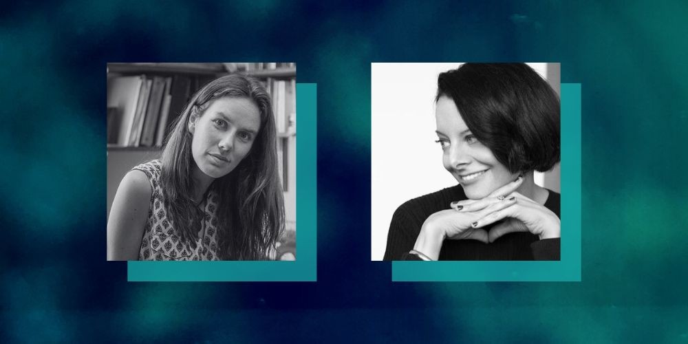 Black and white photographs of two women (authors) on a blue and turquoise background. 
