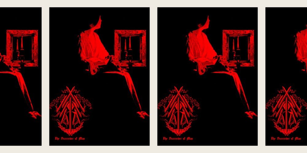 Surrender of Man book cover, a woman looking at a mirror, bathed in red light. 