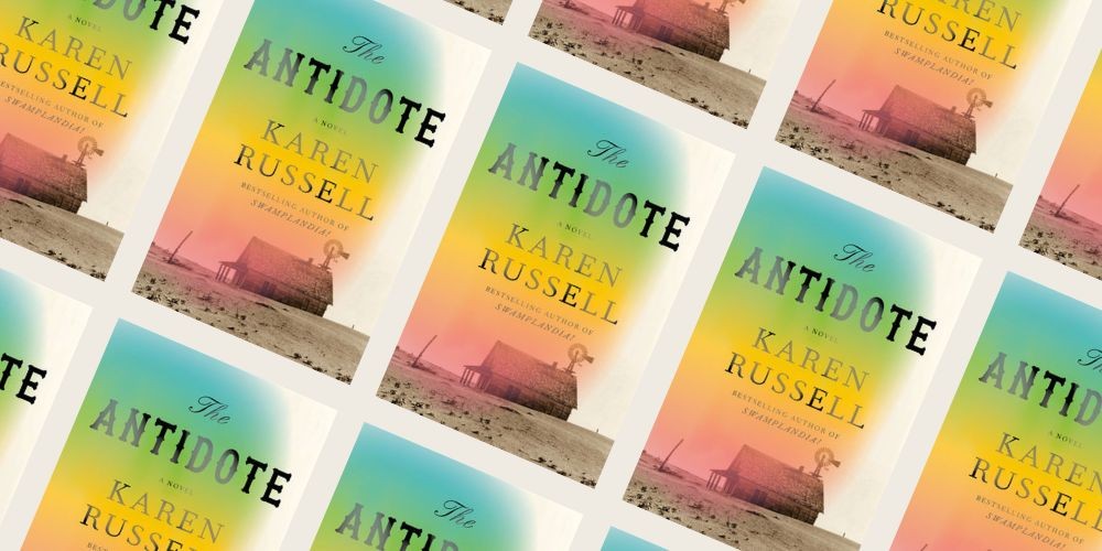 Repeated images of a book cover with a rainbow and farm house. 