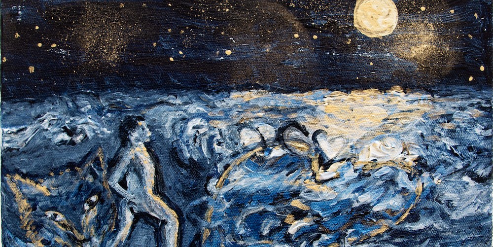 Karen Finley, 'Only in Darkness Can You See the Magnificence of the Fox Heart Moon,' 2024. Acrylic on canvas, 12 x 9 inches. Courtesy of the artist.