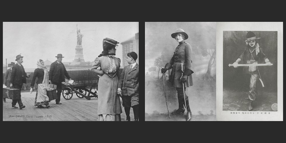 Left: Immigrants landing on Ellis Island (1910) / Middle: Pearl White, Pearl of the Army (1916) / Right: White Rose Woo (吴素馨), Woman Warrior White Rose 女俠白玫瑰 (1929).