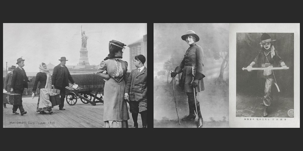 Left: Immigrants landing on Ellis Island (1910) / Middle: Pearl White, Pearl of the Army (1916) / Right: White Rose Woo (吴素馨), Woman Warrior White Rose 女俠白玫瑰 (1929). Left: Immigrants landing on Ellis Island (1910) / Middle: Pearl White, Pearl of the Army (1916) / Right: White Rose Woo (吴素馨), Woman Warrior White Rose 女俠白玫瑰 (1929).