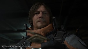 'Death Stranding,' by Hideo Kojima A person in a spacesuit looking serious