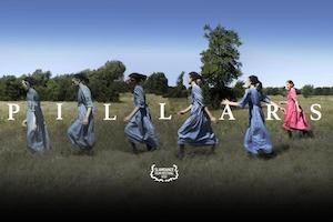 Woman in blue dresses walking through a field, the movie poster for Pillars