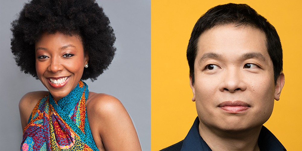 A Black woman smiling and an Asian-American man looking to the side. 