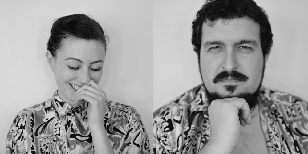 A man and a woman in two separate black and white portraits 