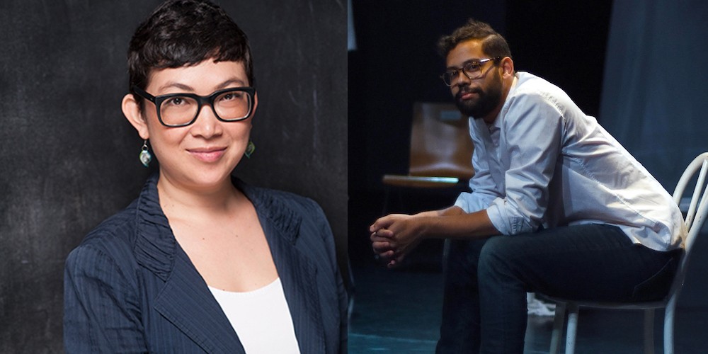 Two portraits side by side, one of a woman with light skin and short hair with glasses and a blazer, the other of a poc, sitting, wavy hair, glasses.