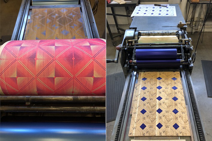 Printing laser-engraved woodblock prints on a letterpress at the University of Oregon, 2018