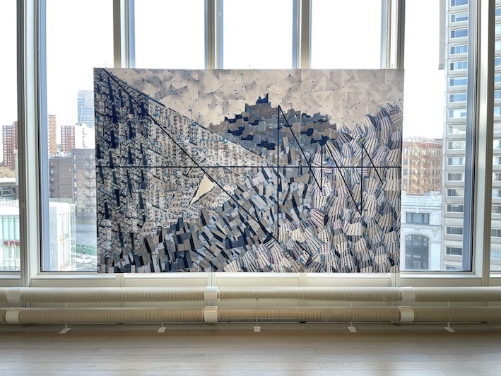 Anguish Reaching Into The Sky, (Wallach Gallery), 2020, by Lindsey Brittain Collins Cut-and-pasted inkjet-printed photographs, adhesive tape, and acrylic polymer on wood panel, 72” x 108” (triptych)