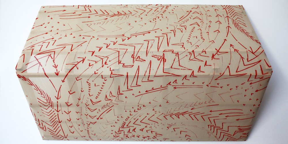 art work an ivory surface with red shapes on it 