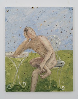 A painting of a man in a garden, thinking