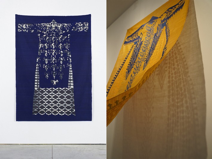 04-07 - Traveler (Shadow Embroidery) installation view, 2015 (left) & 11 - Traveler (Departure) installation view, 2014, Indigo dyed handmade paper collage mounted on silk (right)