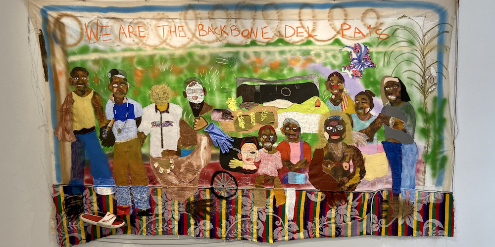 Colorful art work featuring many people