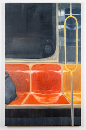 "A Train" (121.9 x 76.2cm, oil on canvas, 2021), by alumna Yuri Yuan '21 A piece of artwork, subway seats