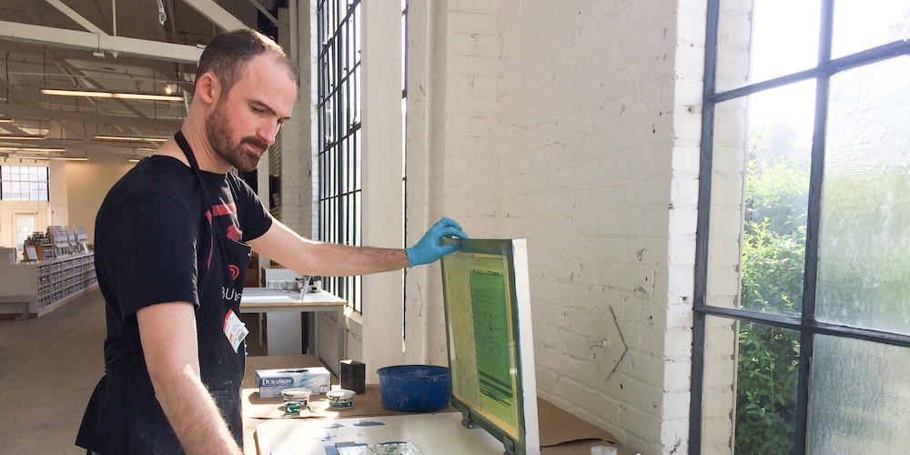 Noah Breuer ’07 makes screen-prints on glass at Bullseye Projects Residency, Emeryville, CA, 2019
