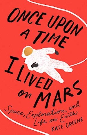 Cover of the book, red, with a cartoon astronaut floating in space